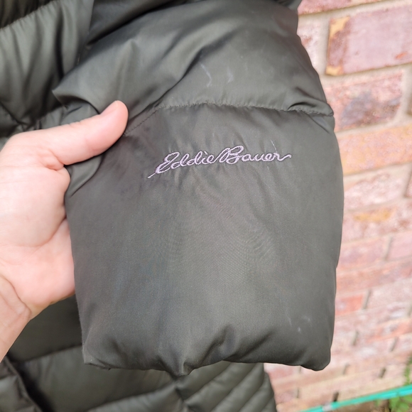 Eddie Bauer Lodge Dark Green Hooded Down Duffle Coat with Faux Fur Trim - Picture 10 of 12